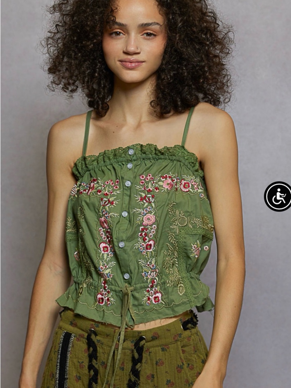 POL Floral Embroidered Poplin Tank Green